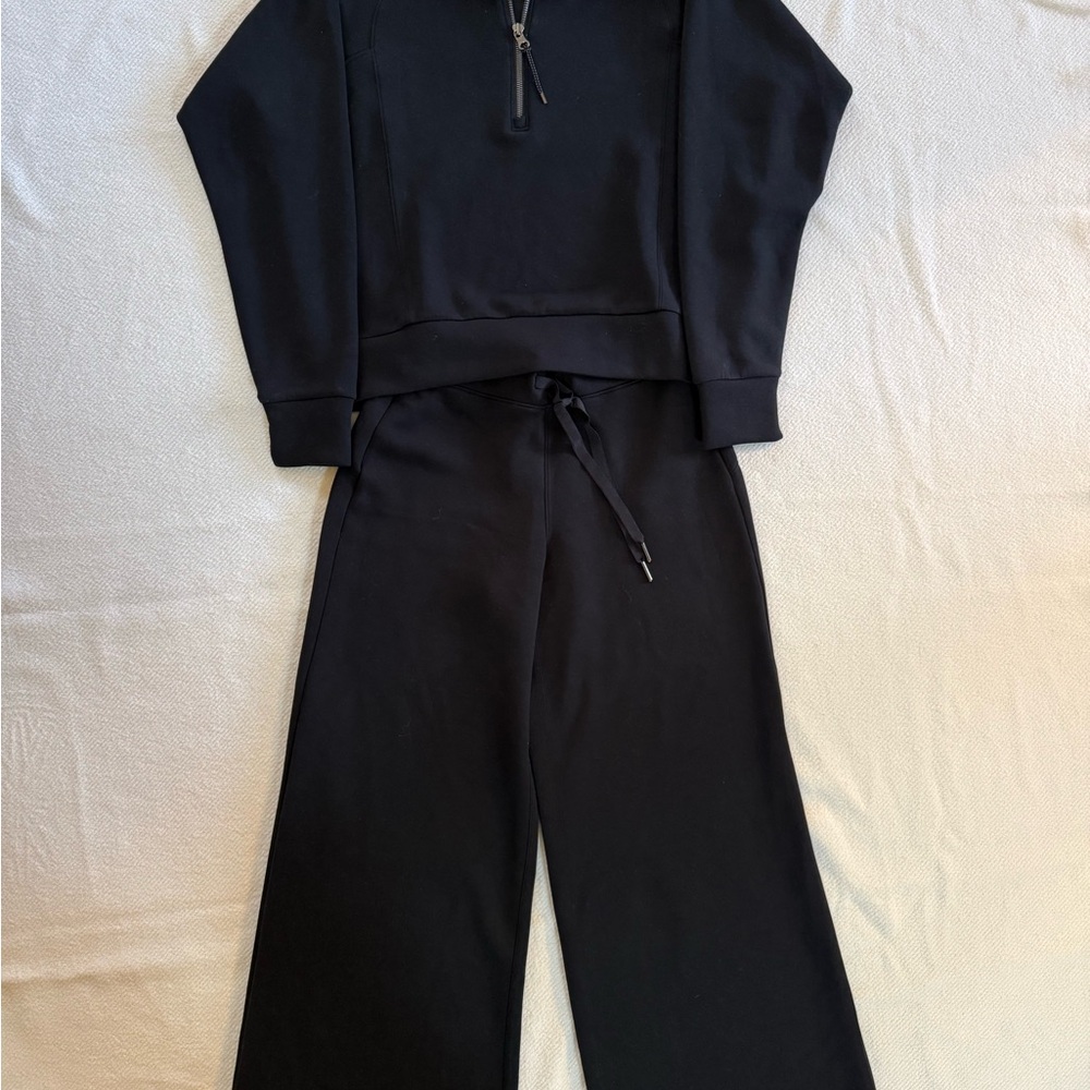 SPANX Black Wide-Leg Lounge Pants with Drawstring Waist and 1/4 zip top.
